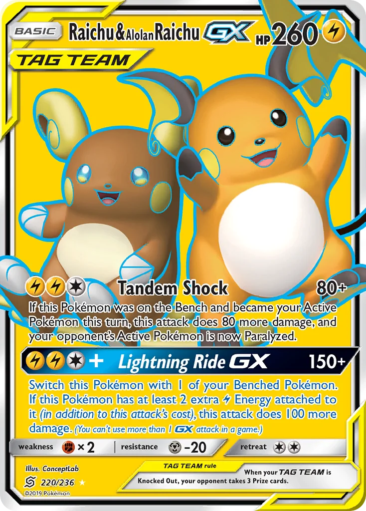 Raichu & Alolan Raichu-GX Pokemon card