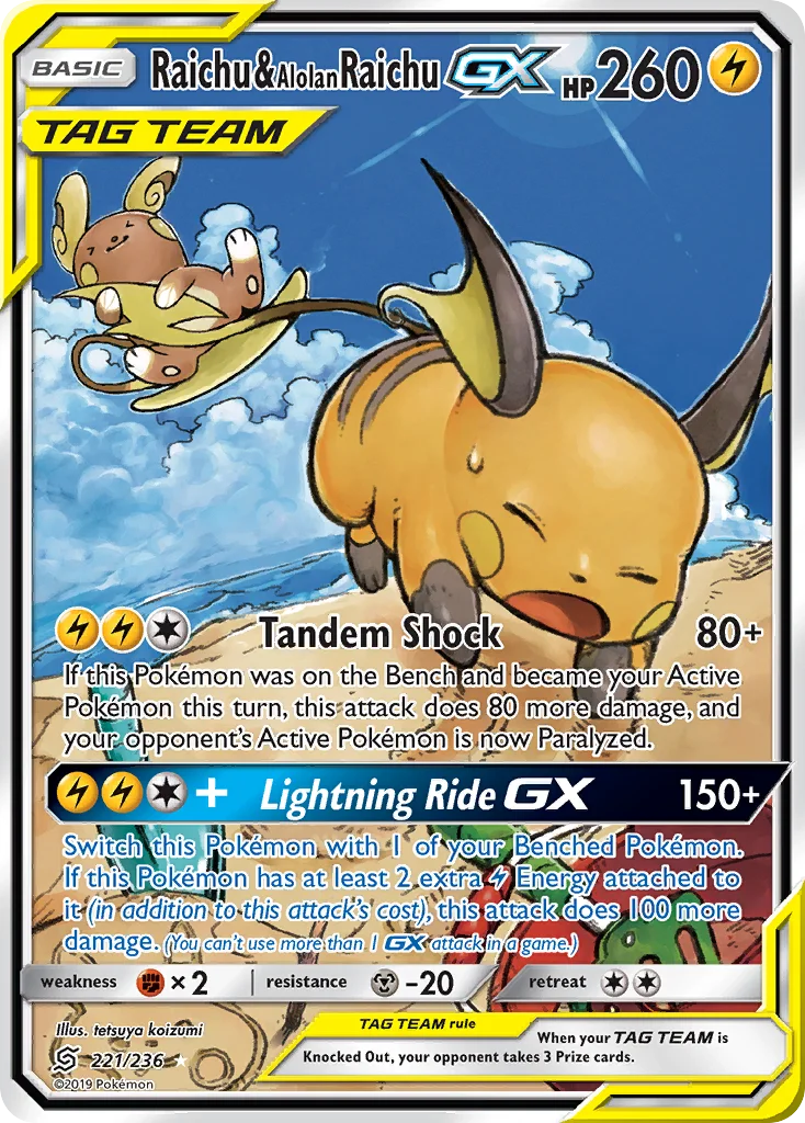 Raichu & Alolan Raichu-GX Pokemon card
