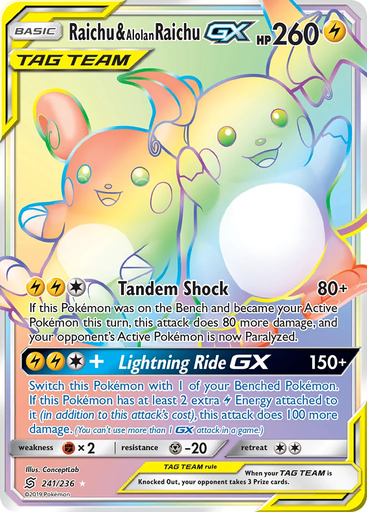 Raichu & Alolan Raichu-GX Pokemon card